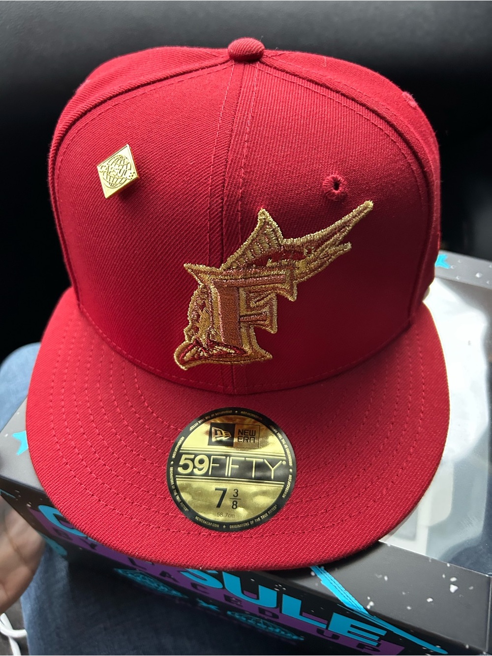 New Era Red F Logo Miami Marlins Cap with Gold Embroidery